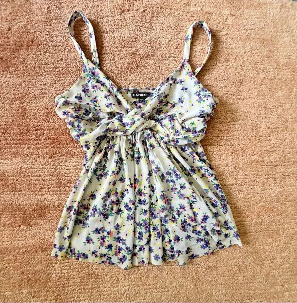 Express M Floral Babydoll Cami Top Blue Purple Sleeveless Bow Peplum